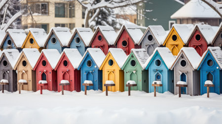 Delight in the winter wonderland of avian real estate with beautiful, multi-colored birdhouses. These cozy nests offer birds a warm and inviting place to call home during the chilly months.の素材