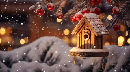 Delight in the winter wonderland of avian real estate with beautiful, multi-colored birdhouses. These cozy nests offer birds a warm and inviting place to call home during the chilly months.の素材