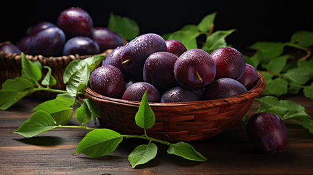 Indulge in the sweetness of ripe plums presented on a rustic wooden table, highlighting the bounty of nature's harvestの素材