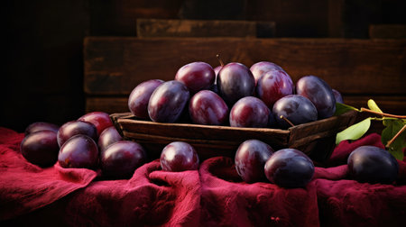 Indulge in the sweetness of ripe plums presented on a rustic wooden table, highlighting the bounty of nature's harvestの素材
