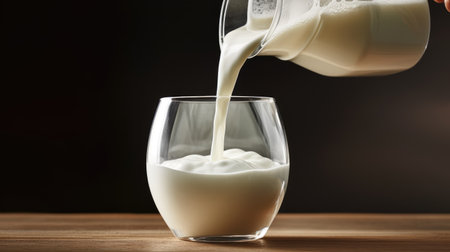 Witness the wholesome moment as milk gracefully pours into a crystal-clear glass, capturing the essence of freshness and nourishmentの素材