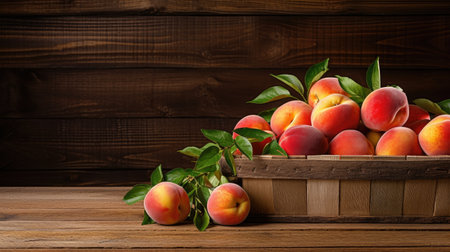 Celebrate the flavors of summer with a visual feast of ripe, golden peaches artfully presented on a wooden backdropの素材