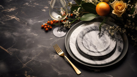 visual feast with images of a festive table setting for Christmas or New Year's Eve dinner, complete with elegant tableware, candles, and seasonal decorationの素材