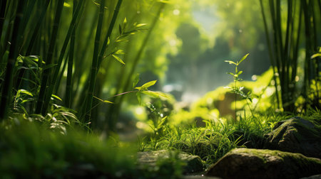 Into the Jungle: Experience the lush greenery of a bamboo grove from a low angle view, where...