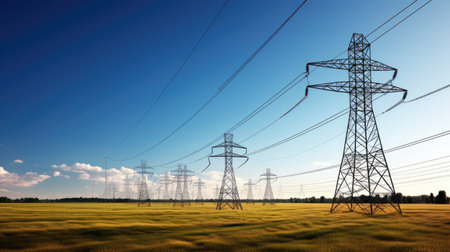 Electric horizons: The sun shines on high-voltage power lines, showcasing the towering structures that underpin our electricity infrastructure, against a vibrant blue sky backdropの素材