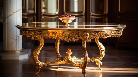 A touch of grandeur: Step into a world of luxury with a gold plated baroque kitchen table, an epitome of opulence, providing a perfect backdrop for presenting elite interior design and upscale livingの素材
