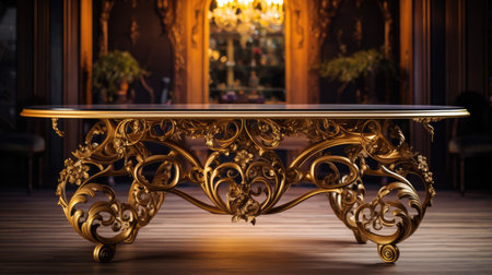 A touch of grandeur: Step into a world of luxury with a gold plated baroque kitchen table, an epitome of opulence, providing a perfect backdrop for presenting elite interior design and upscale livingの素材