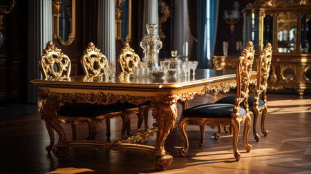 A touch of grandeur: Step into a world of luxury with a gold plated baroque kitchen table, an epitome of opulence, providing a perfect backdrop for presenting elite interior design and upscale livingの素材
