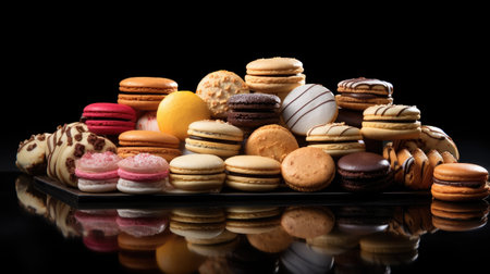 Satisfy your sweet tooth: An array of delectable round cookies on a dark background with a captivating reflection, perfect for showcasing mouthwatering desserts and sweet treatsの素材