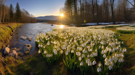 Awaken to spring's beauty: A captivating panorama of a blooming meadow, adorned with spring knot flowers, snowdrops, and crocuses, bathed in the gentle morning sun's glowの素材