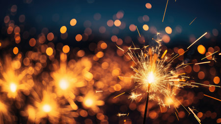 Festive sparkler night: A captivating celebration with many burning sparklers illuminating the dark black night, creating a magical atmosphere for New Year's Eve, parties, and special occasionsの素材