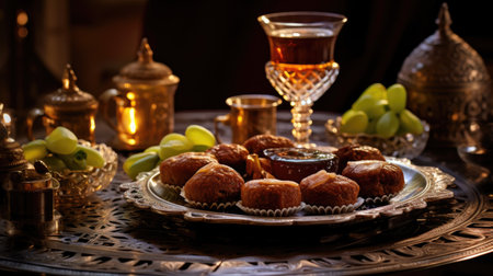 Ramadan indulgence: A tempting spread of special dates, Maamoul, and Arabic coffee in elegant cups, celebrating the culinary delights of this festive seasonの素材