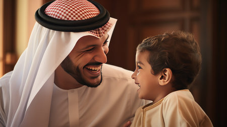 Family fun at home: An Arabian father and son share laughter while engaging in various activities, illustrating the joy of quality family timeの素材