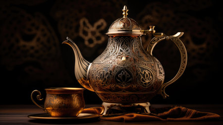 Cultural elegance: A still life of an ornate Saudi Coffee Dallah, embodying the rich heritage and artistry of Arabic coffee cultureの素材