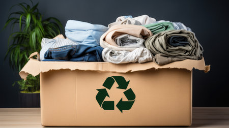 Eco-friendly image: Clothes neatly packed in a donation box, emphasizing the concept of sustainable reuse and community supportの素材