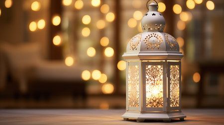 captivating image of a beautiful white decorative lantern, enhancing any space with its soft glow against a background of blurred lights."の素材