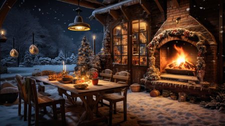 Winter barbecue bliss. Experience the warmth of a cozy cabin and the crackling of burning coals on a snowy eveningの素材