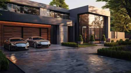 The fusion of modern design in an industrial setting. Explore this sizable garage with its distinctive gray doors, brick faの素材