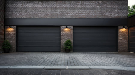A vast urban garage with sleek gray doors, nestled against a textured brick wall, and a smooth asphalt driveway leading the wayの素材