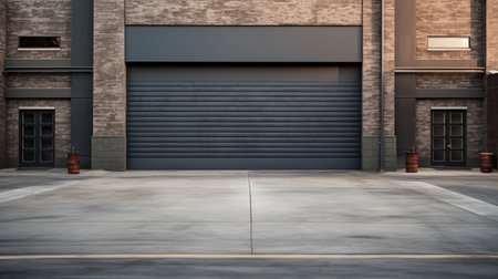 A vast urban garage with sleek gray doors, nestled against a textured brick wall, and a smooth asphalt driveway leading the wayの素材