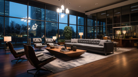 Experience the sophistication of a modern office: Enter through the grand glass door to a contemporary reception hallの素材