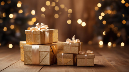 A beautifully arranged stack of Christmas gifts on a rustic wooden table, ready to bring joy and excitement to the holiday seasonの素材