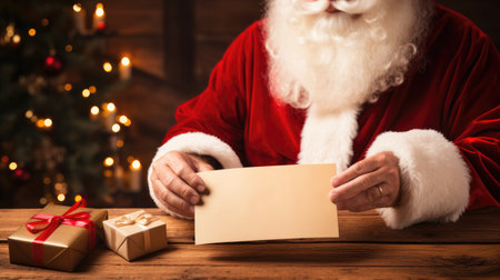 Santa's Wish List: A high-angle view captures Santa Claus's hands holding a greeting blank sheet for your textの素材