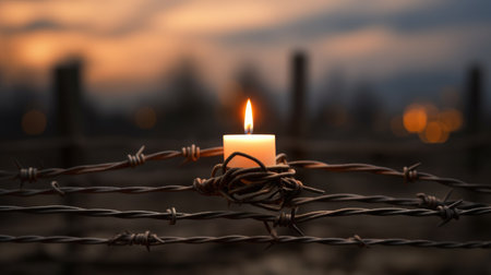 Candle of memory: Illuminate the past with a poignant scene of a burning candle and barbed wire on a dark background for Holocaust Memorial Dayの素材