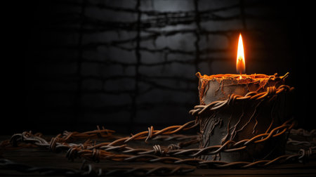 Candle of memory: Illuminate the past with a poignant scene of a burning candle and barbed wire on a dark background for Holocaust Memorial Dayの素材
