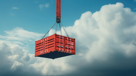 Global Trade Logistics - Cargo Container Suspend on Crane Hook with Cloudy Sky!の素材
