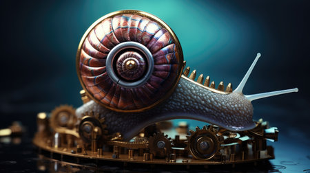 idea of slow economic engine progress using this striking image of a snail surrounded by gears and cogs, signifying the obstacles faced in the business world.の素材