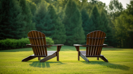 Invest in Your Future: A serene image of two empty Adirondack chairs on lush green grass, symbolizing retirement planning and financial securityの素材