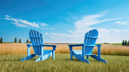 Invest in Your Future: A serene image of two empty Adirondack chairs on lush green grass, symbolizing retirement planning and financial securityの素材