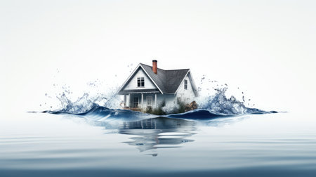the housing crisis with a sinking house submerged in water against a white background. A powerful image conveying the challenges of home ownership and mortgage paymentsの素材