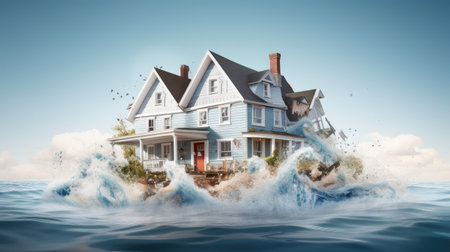 the housing crisis with a sinking house submerged in water against a white background. A powerful image conveying the challenges of home ownership and mortgage paymentsの素材