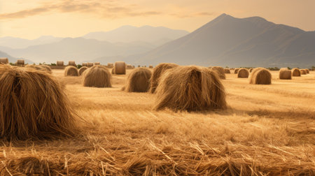 the essence of the farming season with a stunning depiction of mountains of haystacks, featuring dried grass and straw. An ideal visual for agricultural conceptsの素材