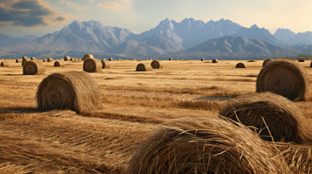 the essence of the farming season with a stunning depiction of mountains of haystacks, featuring dried grass and straw. An ideal visual for agricultural conceptsの素材