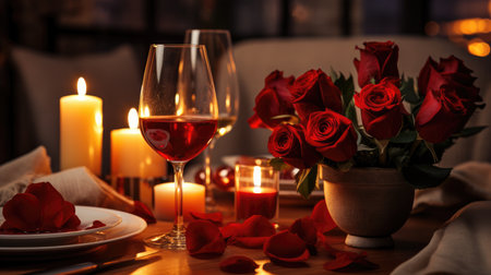 Romantic Date Concept - A Table Set for Love with Candles, Roses, and Wine. The Ideal Date Night Scene, Perfect for Special Occasionsの素材