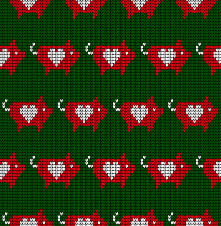 Seamless woolen knitted Christmas pattern with pigs and lanternsのイラスト素材