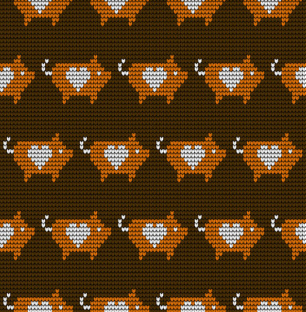 Seamless woolen knitted Christmas pattern with pigs and lanternsのイラスト素材