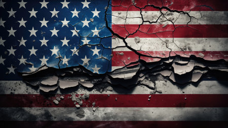 International Rifts - Broken Wall with US, Flags, a Symbol of Worldwide Political Disputes and Diplomatic Strugglesの素材