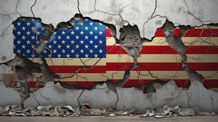International Rifts - Broken Wall with US, Flags, a Symbol of Worldwide Political Disputes and Diplomatic Strugglesの素材