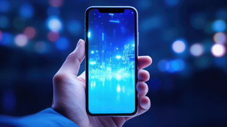 Glowing Digital Connection - Smartphone in Neon, Woman's Hand Holding a Phone with an Empty Screen, Isolated on Blue, Close-Up, Copy Spaceの素材