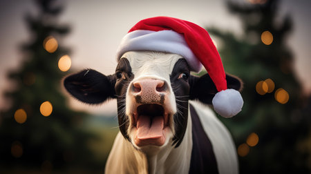 Udderly Joyful Holidays - A Black and White Cow Wearing a Santa Hat, Adding Some Humorous Christmas Cheerの素材