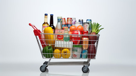 "Online Grocery Shopping - A colorful basket filled with farm-fresh produce, highlighting the convenience of ordering and delivering food online in the modern digital ageの素材