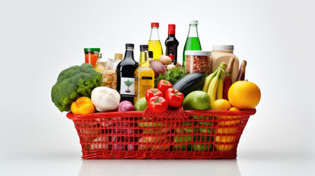 "Online Grocery Shopping - A colorful basket filled with farm-fresh produce, highlighting the convenience of ordering and delivering food online in the modern digital ageの素材
