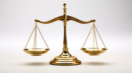 Balancing Justice - Highlight the importance of balanced judgment with a 3D illustration of gold scales, isolated on white, symbolizing legal accuracy and equality in society.の素材