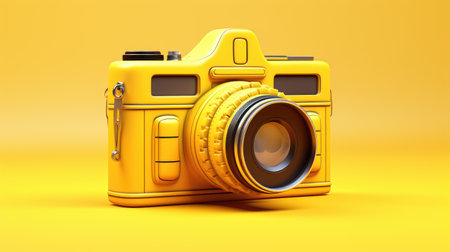 Retro Camera Nostalgia - Step back in time with this 3D illustration of a yellow vintage photo camera on a yellow background. Capture the essence of classic photography.の素材