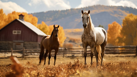 Equine Elegance: The grace and majesty of these brown young stallions in their autumn paddock evoke a sense of rural serenity and equestrian harmonyの素材