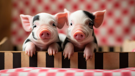 Miniature Piglet Paradise: A wooden enclosure at the animal farm is home to these endearing pot-bellied piglets.の素材